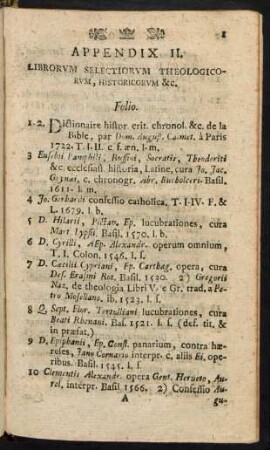 Appendix II. Librorvm Selectiorvm, Theologicorvm, Historicorum &c