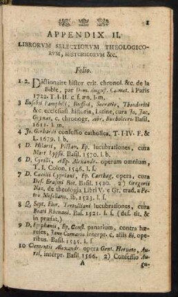 Appendix II. Librorvm Selectiorvm, Theologicorvm, Historicorum &c