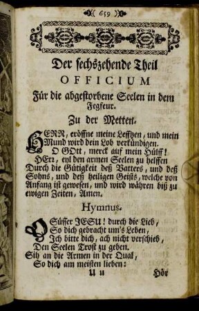 Der sechszehende Theil Officium Für die abgestorbene Seelen in dem Fegfeur.