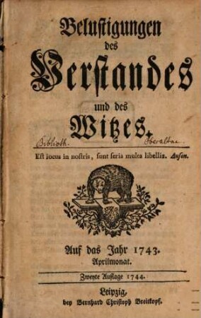 Belustigungen des Verstandes und Witzes. 1743,4/6, 1743, Apr. - Juni