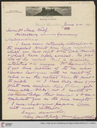 Brief von Edward Singleton Holden an Max Wolf: Brief von Edward Singleton Holden an Max Wolf