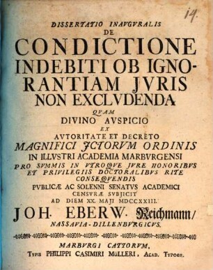 Diss. inaug. de condictione indebiti ob ignorantiam iuris non excludenda