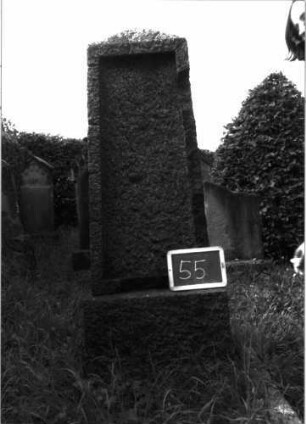 Grabstein 55 (Index: 100100838) Material: Granit Zustand: Schriftplatte entfernt Maße HxBxT: 178x50x22 cm Beschreibung: Obelisk, Sockel, Schriftfeld eingetieft: Grabstein 55