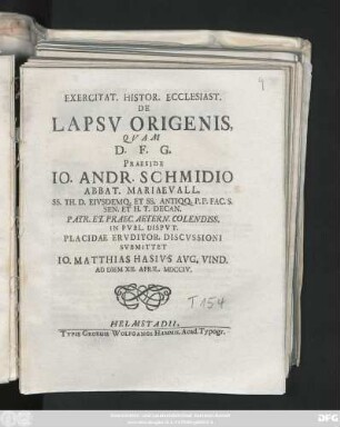 Exercitat. Histor. Ecclesiast. De Lapsv Origenis