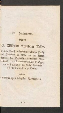 Sr. Hochwürden, Herrn D. Wilhelm Abraham Teller, ...
