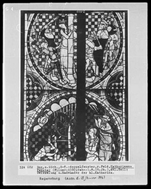 Fenster s XV, Katharinenfenster, Feld: Radwunder und Geißelung der Heiligen Katharina