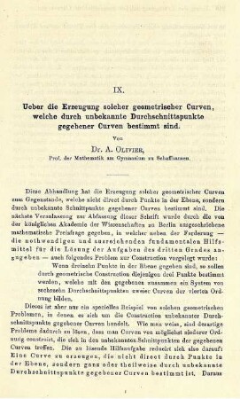 IX. Ueber die Erzeugung solcher geometrischer Curven, welcher durch unbekannte Durchschnittspunkte gegebener Curven bestimmt sind.