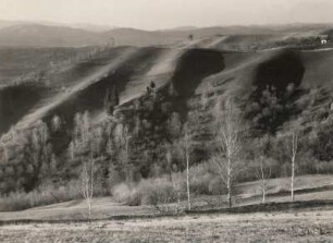 Rumänien. Südkarpaten. Senke von Bran von einer Anhöhe nördlich von Bran. Blick nach Westnordwesten auf das nördliche Karpatenvorland