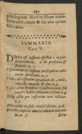 Summaria Cap. V.