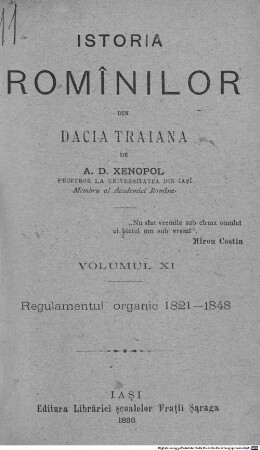 Istoria romînilor din Dacia Traiană, 11. Regulamentul organic 1821 - 1848
