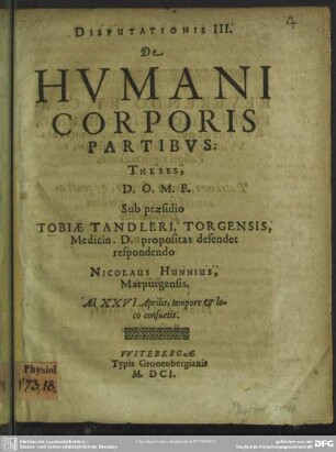 Disputationis III. De Hvmani Corporis Partibvs