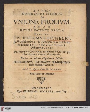 Dissertatio Ivridica De Vnione Prolivm