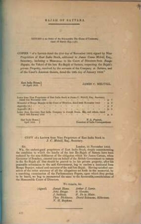 Rajah of Sattara : return to an order ... dated 18 March 1853 ; copies opf a letter dated 21st day of November 1852 ...