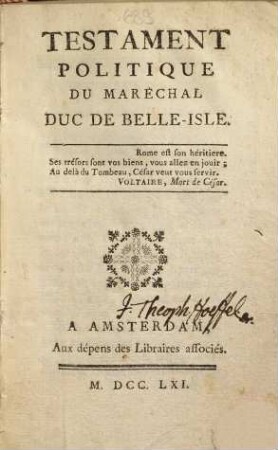 Testament politique du Maréchal Duc de Belle-Isle