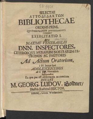 Selectae Autodidaktōn Bibliothecae Ordinis Primi, Qui Theologos Autodidaktus Exhibet, Exercitatio I.