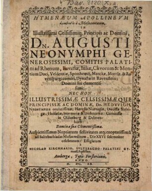 Hymenaeum Apollineum in Dn. Augusti ... Comitis Palatini ad Rhenum nec non ... Hedwigis Haeredis Norvegiae nuptiarum festivitates