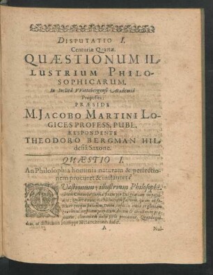 Disputatio I. ... Respondente Theodoro Bergman