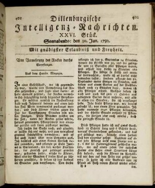 XXVI. Stück. Sonnabends: den 30. Jun. 1792.
