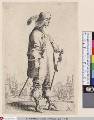[Ein Kavalier mit Soldaten im Hintergrund; Cavalier before hillside with bastion at right]