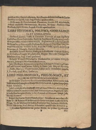 Libri Historici, Politici, Genealogici, Et Geographici.