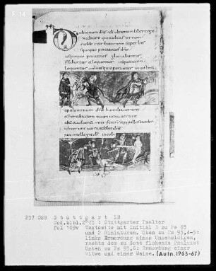Der Stuttgarter Bibelpsalter — Textseite mit zwei Miniaturen, Folio 109verso