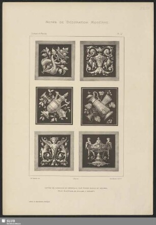Motifs de caissons en grisaille, sur fonds bleus et rouges, pour plafonds de salles a manger