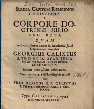 Summa Capitum Religionis Christianae E Corpore Doctrinae Julio Excerpta