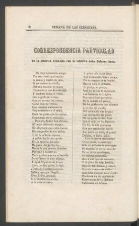 Correspondencia particular de la señorita Crisálida con la señorita doña Dolores Ansó.