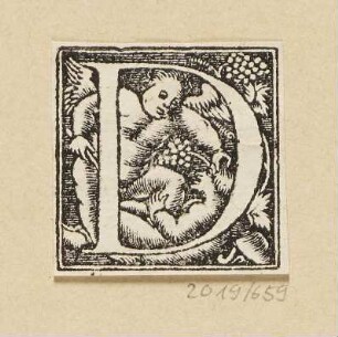 Buchstabe D mit zwei kämpfenden Putti, Initiale zu einem römischen Majuskel-Alphabet