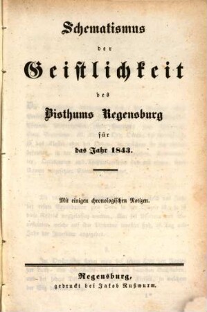 Schematismus des Bistums Regensburg. 1843, 1843