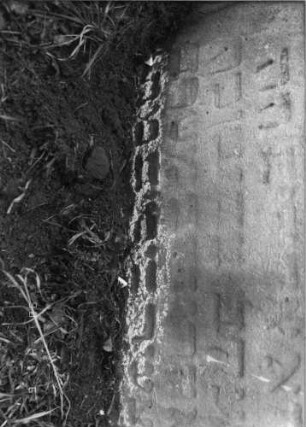Grabstein 193 (Index: 100114682) Material: Sandstein Zustand: sehr stark verwittert mit sehr großem Textverlust Maße HxBxT: 148x59x11 cm Beschreibung: Stele mit Hufeisenbogen: Grabstein 193B