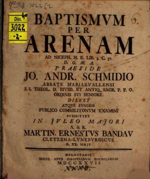 Baptismvm Per Arenam : ad Niceph. h. e. lib. 3, c. 37