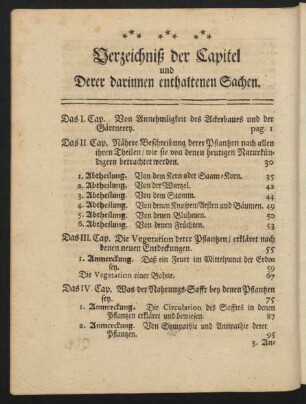 Verzeichniß der Capitel und Derer darinnen enthaltenen Sachen.