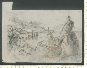 Bleistift- und Federzeichnung einer Küstenlandschaft