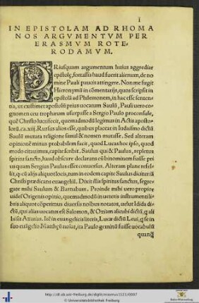 Epistola Ad Rhomanos cum Argumento