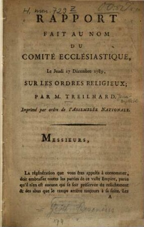 Rapport fait au nom du Comité ecclésiastique, le jeudi 17. déc. 1789, sur les ordres religieux
