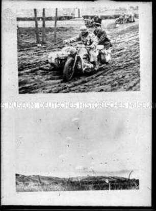 Soldaten auf einem Motorrad (oben); Falschirmspringer (unten), 2. Weltkrieg