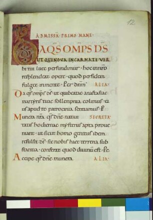 Guntbald-Sakramentar — Schriftseite mit Initiale, Folio fol. 12r