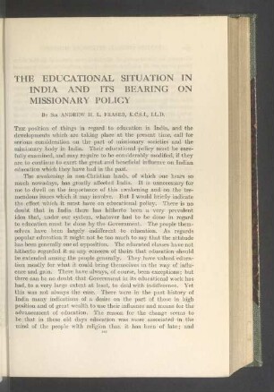 The educational situation in India and its bearing on missionary policy