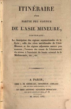 Itinéraire d'une partie peu connue de l'Asie mineure