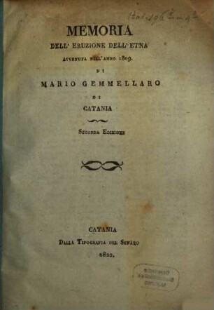 Memoria dell'eruzione dell'Etna avvenuta nell'anno 1809