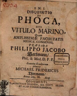 Disquisitio de phoca, sive vitulo marino