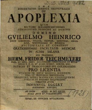 Dissertatio Medica Inavgvralis [Inauguralis] De Apoplexia