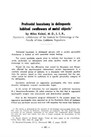 341-346, Prefrontal leucotomy in delinquents habitual swallowers of metal objects