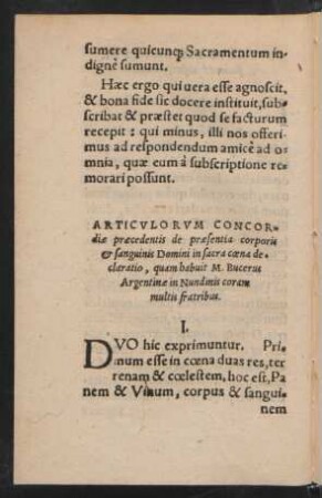 Articulorum Concordiae praecedentis de praesentia corporis et sanguinis Domini in sacra coena declaratio, quam habuit M. Bucerus argentinae in Nundinis coram multis fratribus.