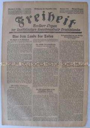 Tageszeitung der USPD Berlin "Freiheit" u.a. zur Arbeitslosenversicherung
