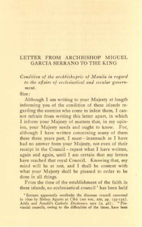 Letter from archbishop Miguel García Serrano to the king