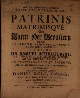 Exercitatio theol. de patrinis matrinisque