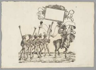 Berittener Meister der Maskeraden, Peter von Altenhaus, gefolgt von fünf maskierten Fackelträgern zu Fuss, Blatt 31 aus: Marx Treitzsaurwein, "Kaiser Maximilian I Triumph – le triomphe de l’Empereur Maximilien I en une suite de Cent trent cinq planches gravées en bois d’après les dessins de Hans Burgmair", Wien 1796