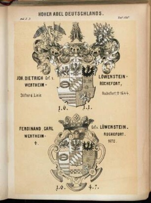 Taf. 120. Joh. Dietrich Grf. v. Löwenstein-Wertheim-Rochefort, Stifter d. Linie Rochefort, †. 1644. 1.6.1.1. - Ferdinand, Carl Grf. v. Löwenstein-Wertheim-Rochefort. †. 1672. 1.6.4.7.